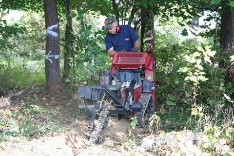 Karl cutting a path down to the telephone pole for the future driveway camera